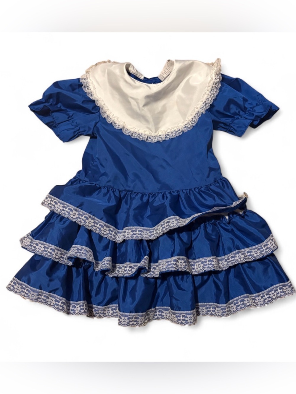 Vtg Martha's Too Royal Blue Girls Pageant Dress Tiered Ruffle White Lace USA 3T